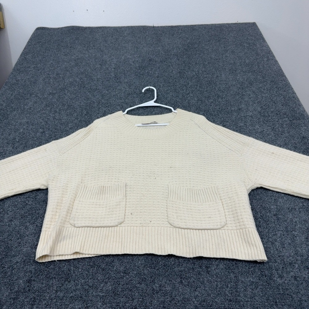 Everlane Sweater Womens L Cream Cashmere Waffle Knit Pocket Crewneck Boxy Casual